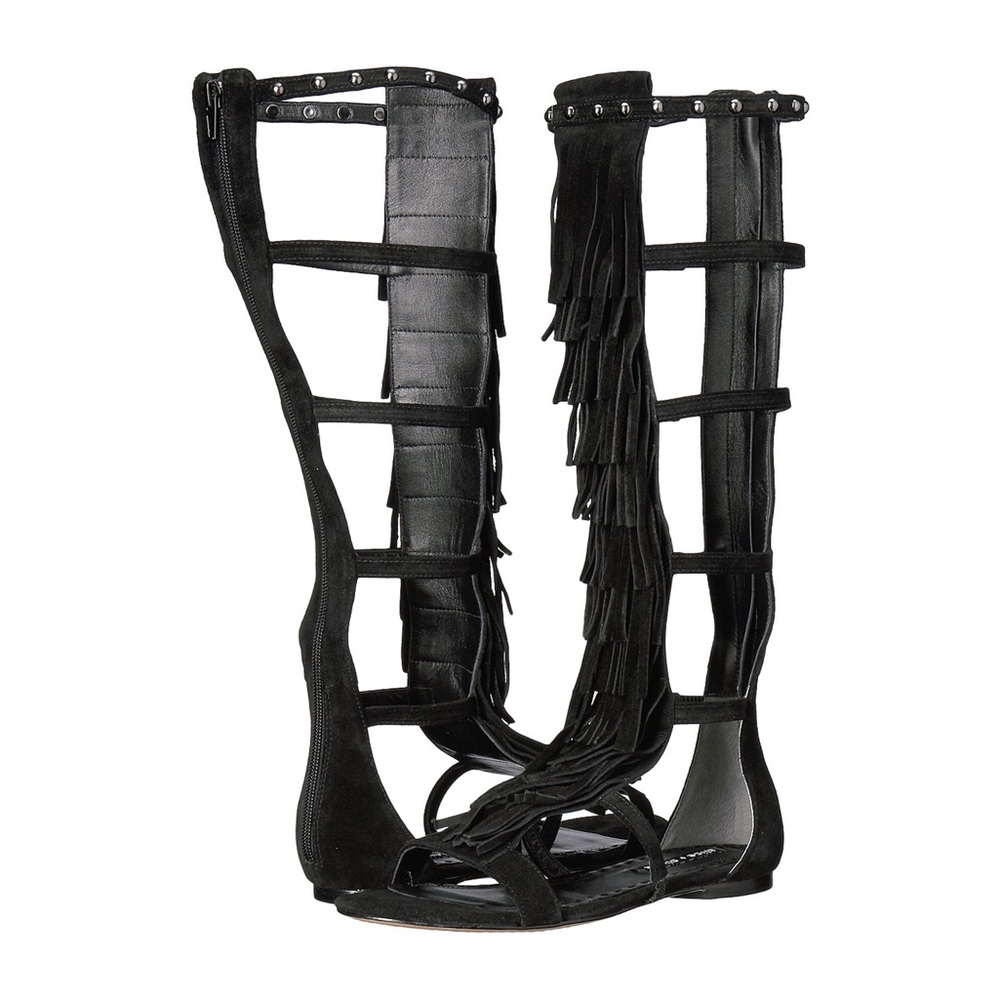 Alice + Olivia Black Oily Suede Fringed Paula Gladiator Sandal